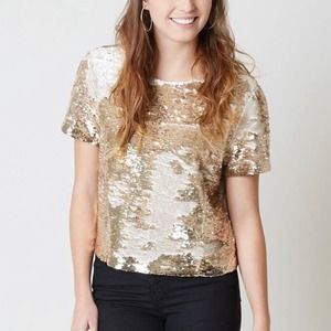 Ark & Co Champagne Flip Sequin Top Womens Small Loose Fit Lined TE4468T